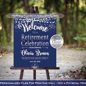 Retirement Celebration Party Welcome Sign Printables | Garland Lights | Silver Confetti on Navy | Personalized | DIGITAL PRINTABLE FILES