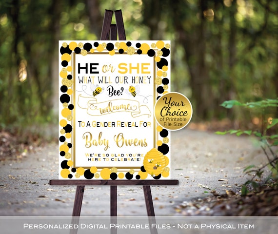 printable gender reveal welcome sign  baby bee gender reveal party bees what will baby bee printable gender reveal sign