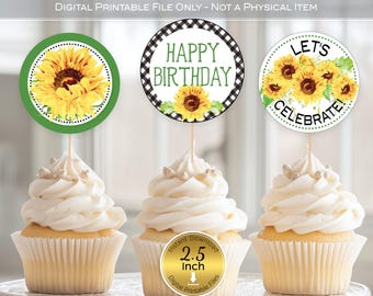Sunflower Birthday Cupcake Toppers or Treat Labels: 2.5 inch Round (Digital Download)