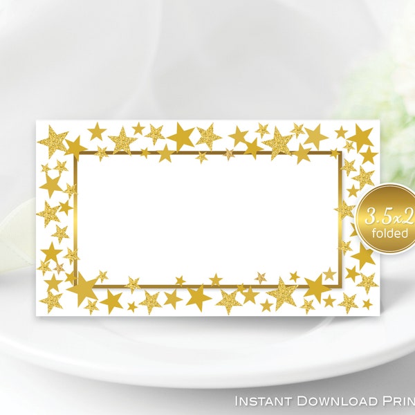 Table Name Place Cards 3.5x2 Folding | Twinkle Gold Stars | Non-Editable | Print-Ready | INSTANT DIGITAL DOWNLOAD
