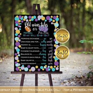 Old Wives&#39; Tales Gender Reveal Printable | Baby Shower | Football or Pom Poms | Purple Teal Aqua Gold on Black | DIGITAL INSTANT DOWNLOAD