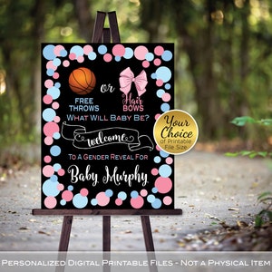 Free Throws or Hair Bows Gender Reveal Welcome Sign Printables | Pink and Blue on Black | Personalized | PRINTABLE DIGITAL FILES