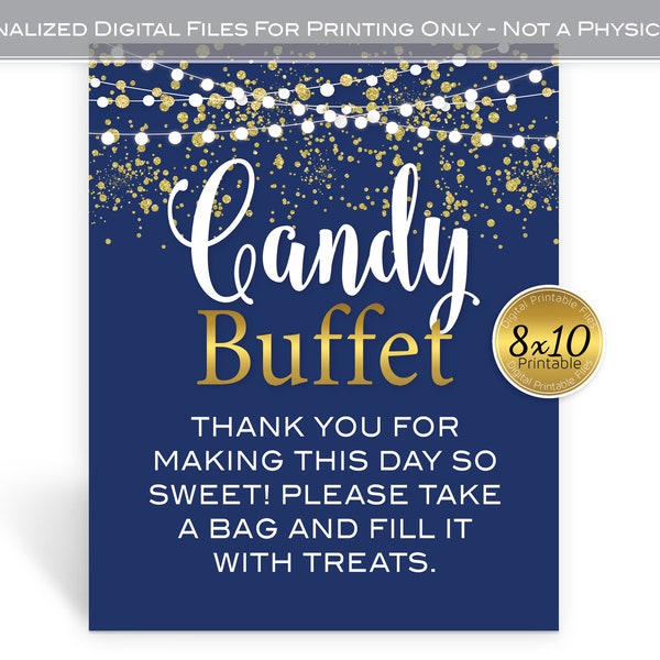 Candy Buffet Table Sign | 8x10 | Navy Blue | Gold Confetti | Garland Lights | Birthday | Wedding | 50th 60th | Digital INSTANT DOWNLOAD