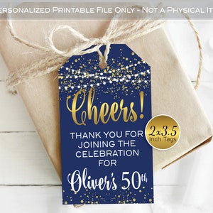 Cheers! Favor Tags for Birthday | Personalized | Printable | 2x3.5 Navy Gold | Mini Wine & Champagne | Any Age | DIGITAL PRINTABLE FILES