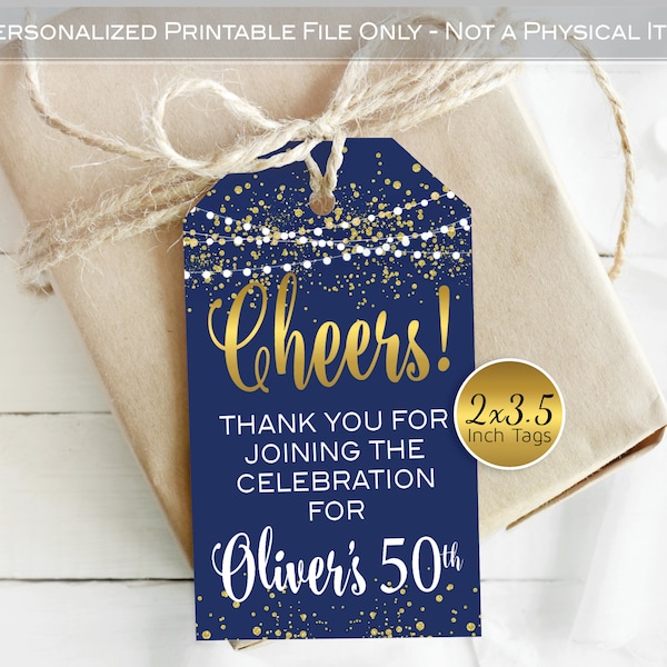Cheers! Favor Tags for Birthday | Personalized | Printable | 2x3.5 Navy Gold | Mini Wine & Champagne | Any Age | DIGITAL PRINTABLE FILES