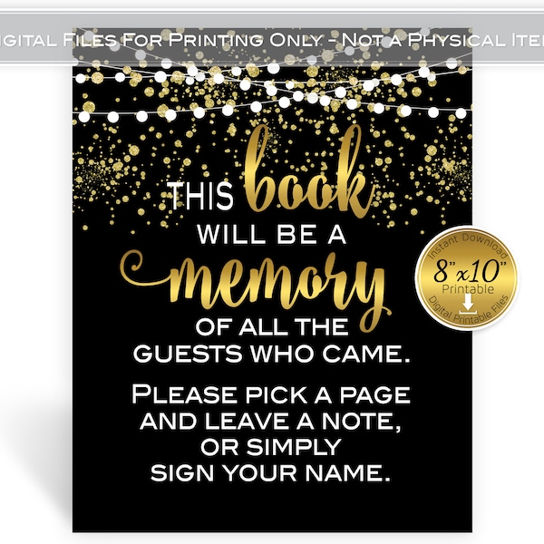 This Book Will Be a Memory 8x10 Table Sign | Guestbook | Garland Lights | Gold Confetti | Wedding | Birthday | DIGITAL INSTANT DOWNLOAD