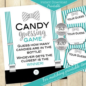 Candy Guessing Game Baby Shower 8x10 Table Sign and 3x3 Cards | Little Man | Turquoise Silver Black | Bow Tie | DIGITAL INSTANT DOWNLOAD