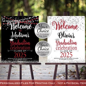May include: Two printable graduation welcome signs with a black and white background with silver glitter and red string lights. The text on the signs reads "Welcome to Madison's Graduation Celebration Class of 2025" and "Welcome to Olivia's Graduation Celebration Class of 2025".