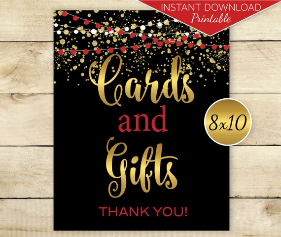 Cards and Gifts 8x10 Printable Sign Red Black Gold Confetti | Etsy