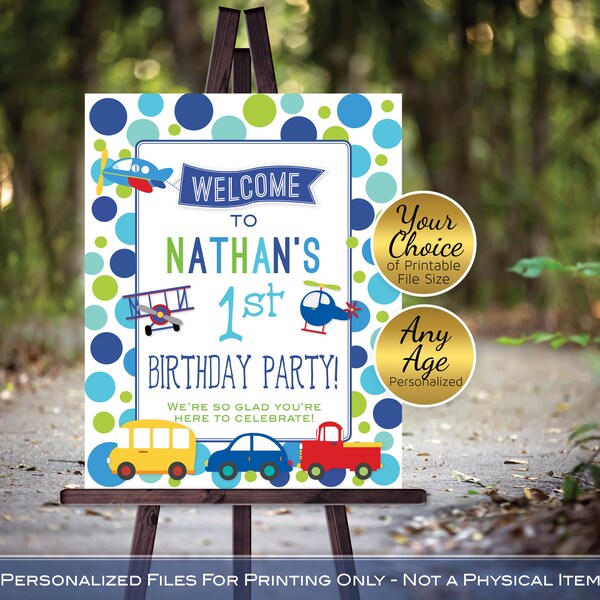 Car Plane Truck Bus Birthday Welcome Sign Printables | Personalized | Navy Aqua Lime Green Red | DIGITAL PRINTABLE FILE