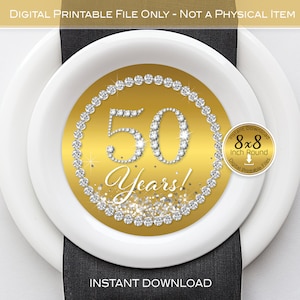 Round Plate Charger Insert | Diamonds on Gold | Silver Confetti | 8-Inch Round | 50th Birthday or Anniversary | DIGITAL INSTANT DOWNLOAD