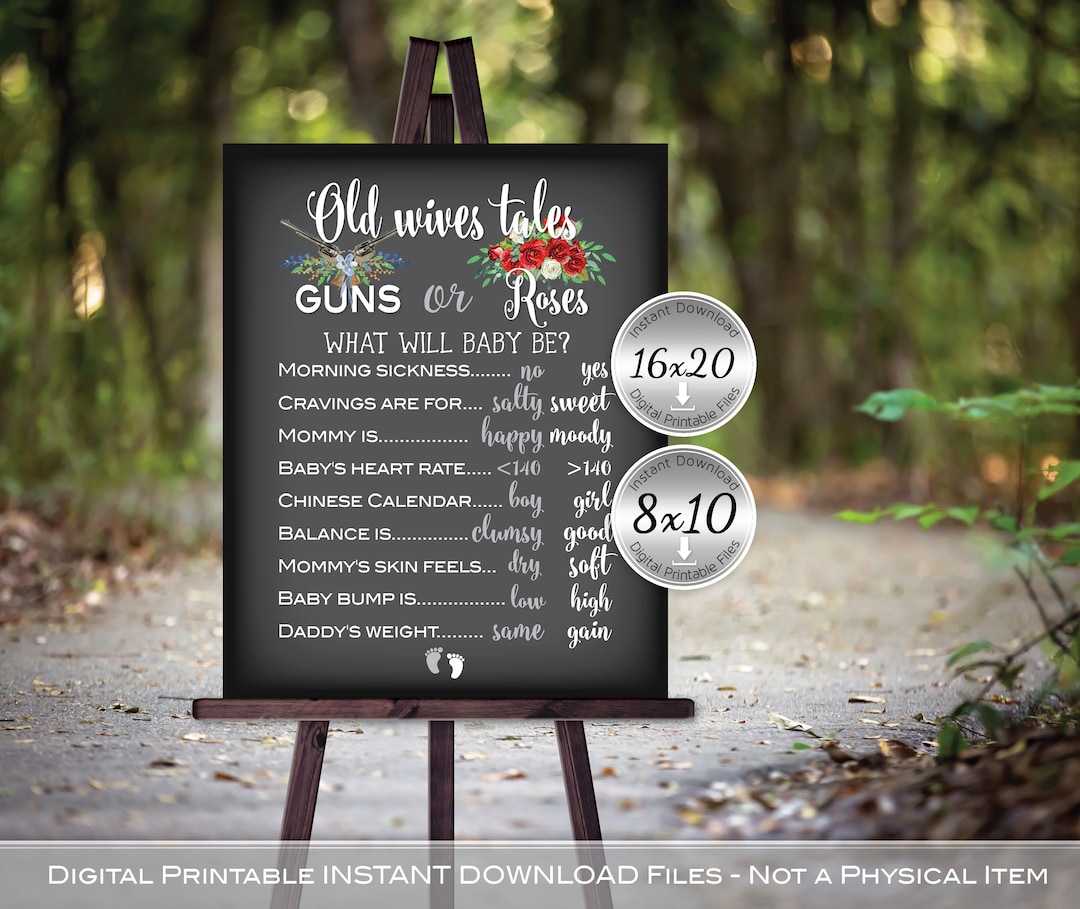 Old Wives' Tales Gender Reveal Printable | Guns or Roses | Gray and ...