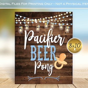 Baby Pacifier Beer Pong Game 8x10 Sign for Baby Shower | Garland Lights and Lanterns on Rustic Faux Wood | Blue | DIGITAL INSTANT DOWNLOAD