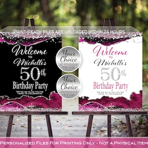 Birthday Welcome Sign Printables | Hot Pink and Silver Agate | Confetti | 40th 50th 60th Any Age | Personalized | DIGITAL PRINTABLE FILES