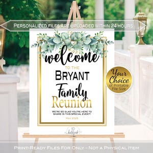 Family Reunion Welcome Sign Printable | Eucalyptus Branches Greenery on White | Faux Gold Foil | Personalized | DIGITAL PRINTABLE FILES