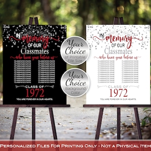 In Memory of Classmates Class Reunion Any Year Personalized Sign Printable File | Red Silver and Black | DIGITAL PRINTABLE FILES