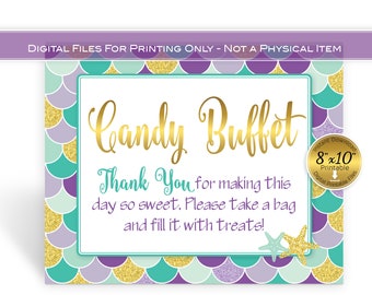 Mermaid Theme Candy Buffet 8x10 Table Sign | Birthday | Baby Shower | Bridal Shower | Purple Teal Gold | INSTANT DIGITAL DOWNLOAD