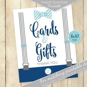Cards and Gifts 8x10 Table Sign Printable | Little Man Baby Shower | Birthday | Navy Gray Aqua | Suspenders | DIGITAL INSTANT DOWNLOAD