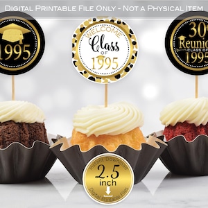Round Cupcake Toppers | 30th Reunion Class of 1995 | 2.5 inches | Black Gold | Faux Gold Glitter | Digital INSTANT DOWNLOAD