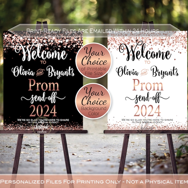 Prom Send-off Party Personalized Welcome Sign Printable | Rose Gold Confetti on White or Black | Class of 2024 | DIGITAL PRINTABLE FILES