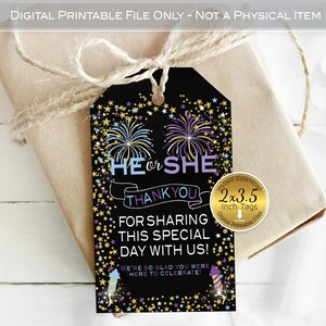 Fireworks He or She Favor Tags for Gender Reveal | 2x3.5 | Twinkle Purple Blue Gold Stars | Thank You | Digital Printable | INSTANT DOWNLOAD