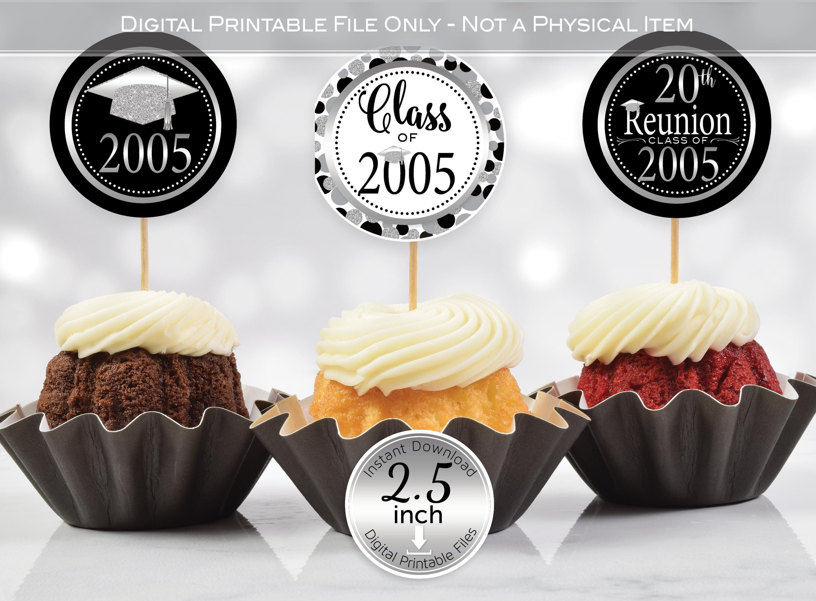 Round Cupcake Toppers | 20th Reunion Class of 2005 | 2.5 inches | Black Silver | Faux Silver Glitter | Digital INSTANT DOWNLOAD