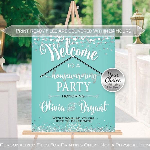 Housewarming Party Welcome Sign Printable | Robin Egg Aqua | Diamond Confetti | White Silver Garland | Personalized | PRINTABLE FILE