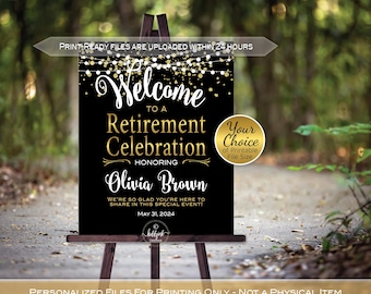 Retirement Celebration Welcome Sign Personalized Printables | Gold Confetti on Black | Digital Download