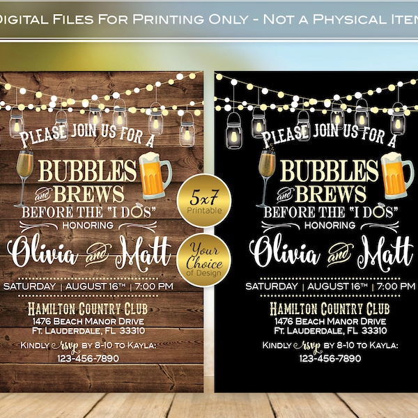 Bubbles and Brews Before the I Dos 5x7 Engagement Invitation | Lanterns | Garland Lights | on Faux Wood or Black | Digital PRINTABLE Files