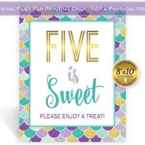 Mermaid Theme &quot;Five is Sweet Enjoy a Treat&quot; Printable Table Sign | 8x10 | 5th Mermaid Birthday | Purple teal Gold | INSTANT DIGITAL DOWNLOAD