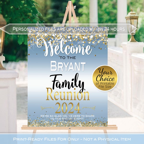 Family Reunion Personalized Welcome Sign Printable File | Faux Blue Foil with Garland and Gold Confetti | Any Year | DIGITAL PRINTABLE FILES