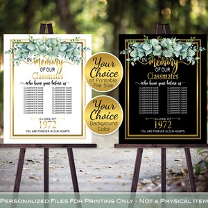 In Memory of Classmates Class Reunion Any Year Personalized Sign Printable File | Eucalyptus | on White or Black | DIGITAL PRINTABLE FILES