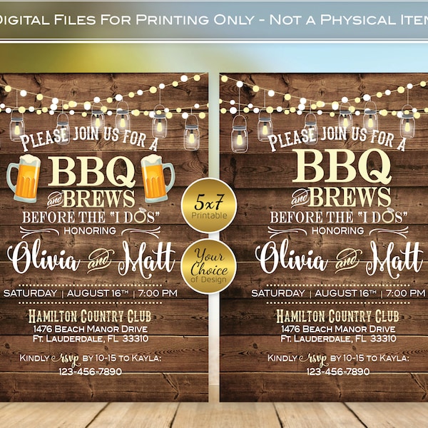 BBQ and Brews Before the I Dos | 5x7 Engagement Invitation | Lanterns | Garland Lights | Faux Wood | Personalized | Digital PRINTABLE Files