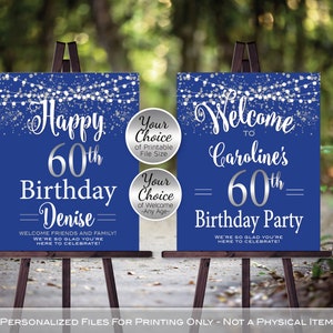 Birthday Welcome Sign Printable | Garland Lights Silver Confetti | Royal Blue | 50th 60th | Any Age | Personalized | DIGITAL PRINTABLE FILES