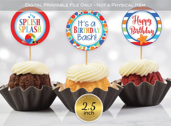 Beach Bash Birthday Round 2 25 Inch Cupcake Toppers Pool Etsy 日本