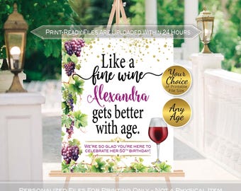 Fine Wine Theme with Grapes Birthday Welcome Sign for Any Age | Personalized (Digital Printable)