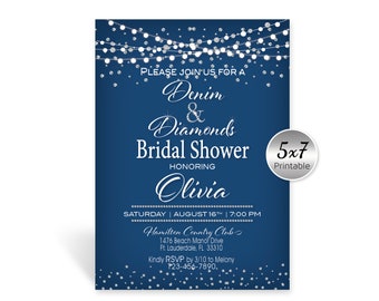 Denim and Diamonds Bridal Shower 5x7 Printable Invitation | Navy Silver | Bling | Personalized DIGITAL FILES