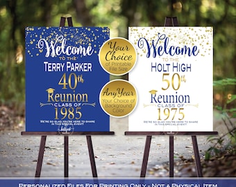 Class Reunion Personalized Welcome Sign Printable File | Gold Confetti on Royal or White | Any Class Any Year | DIGITAL PRINTABLE FILES