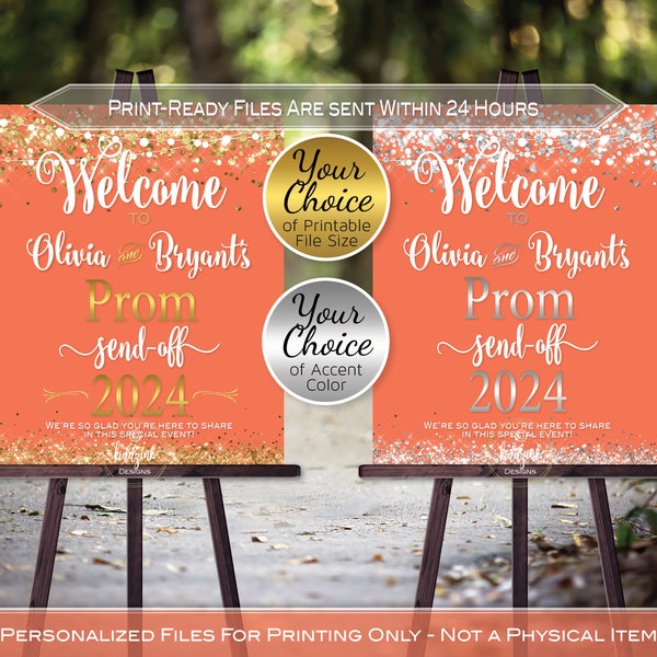 Prom Send-off Party Personalized Welcome Sign Printable | Orange with Silver or Gold Accents | Class of 2024 | DIGITAL PRINTABLE FILES