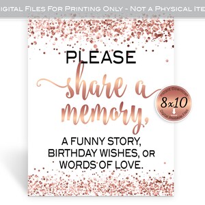 Birthday Share a Memory 8x10 Table Sign Printable | Birthday Wishes | Faux Rose Gold Confetti | White Background | Digital INSTANT DOWNLOAD