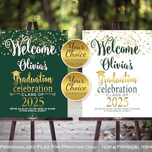 Graduation Celebration Party Personalized Welcome Sign Printable | Gold Confetti | Green or White | Class of 2025 | DIGITAL PRINTABLE FILES