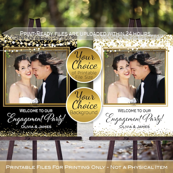 Engagement Welcome Sign with Photo Printable | Garland Lights | Gold Confetti | With Photo | Personalized | PRINTABLE DIGITAL File