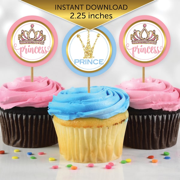 Gender Reveal Cupcake Toppers | Prince or Princess | 2.25 Inches | Baby Blue Pink Gold | Digital Printable INSTANT DOWNLOAD