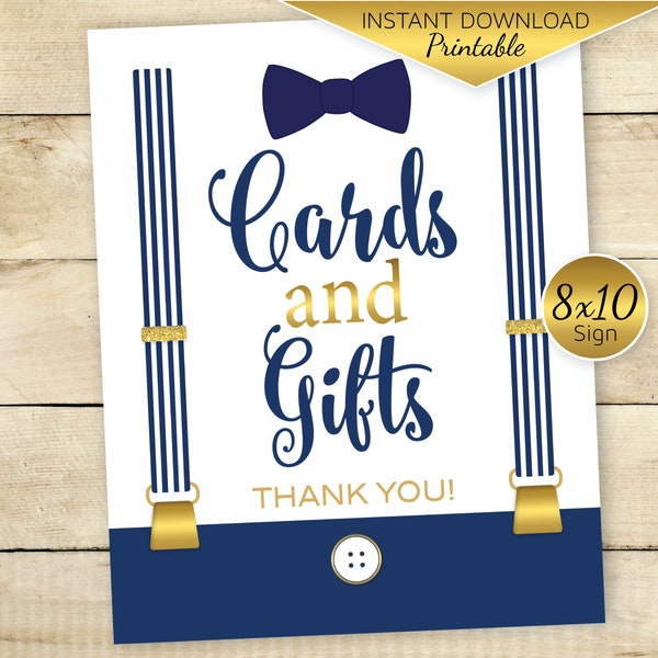 Cards and Gifts Little Man Baby Shower or Birthday Table Sign Printable | 8x10 | Navy Gold | Bow Tie | Suspenders | DIGITAL INSTANT DOWNLOAD