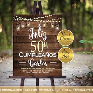 Birthday Welcome Sign Printable SPANISH | Garland Lights | Lanterns | Faux Wood | 50th 60th Any Age | Personalized | DIGITAL PRINTABLE Files