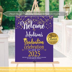 Graduation Celebration Party Personalized Welcome Sign Printable | Purple Yellow with Gold | Class of 2025 | DIGITAL PRINTABLE FILES