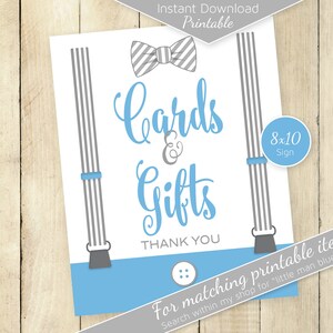 Cards and Gifts 8x10 Table Sign Printable | Little Man Baby Shower | Birthday | Baby Blue and Gray | Suspenders | DIGITAL INSTANT DOWNLOAD
