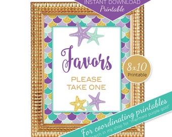Mermaid Design for Favors 8x10 Table Sign | Purple Teal Mint and Faux Glittery Gold | Birthday | Digital Printable | INSTANT DOWNLOAD