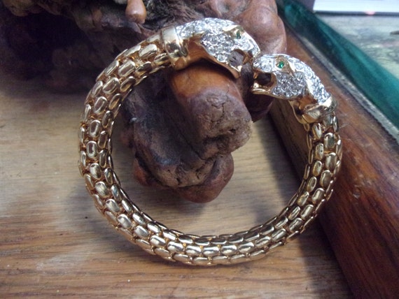 Vintage double Leopard head Rhinestone bracelet - image 1