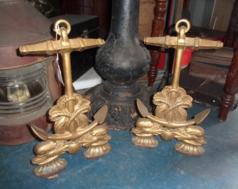 Vintage Antique Nautical Anchor, Dolphin fire place andirons